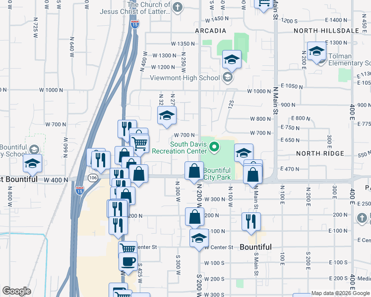 map of restaurants, bars, coffee shops, grocery stores, and more near 563 North 200 West in Bountiful