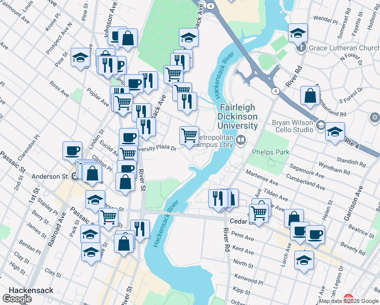 map of restaurants, bars, coffee shops, grocery stores, and more near 3 University Plaza Drive in Hackensack