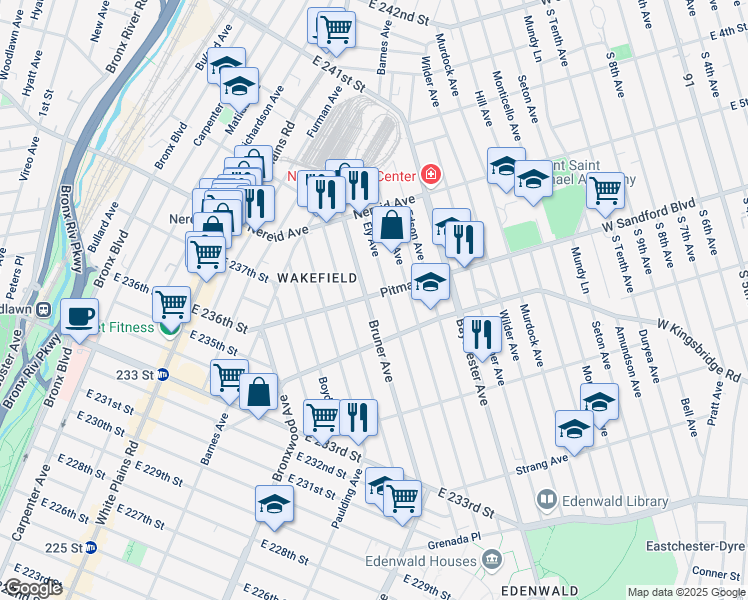map of restaurants, bars, coffee shops, grocery stores, and more near 1838 Pitman Avenue in Bronx