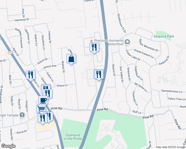 map of restaurants, bars, coffee shops, grocery stores, and more near 7 Boulder Court in Coram