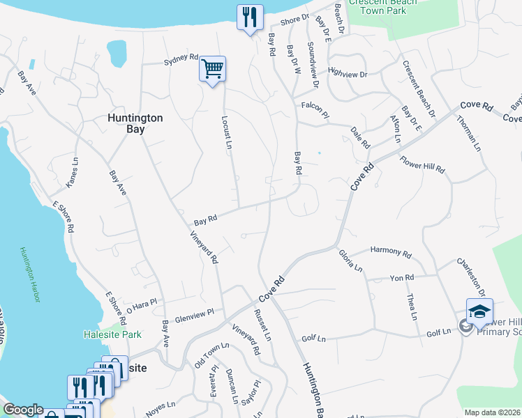 map of restaurants, bars, coffee shops, grocery stores, and more near 50 Bay Road in Halesite