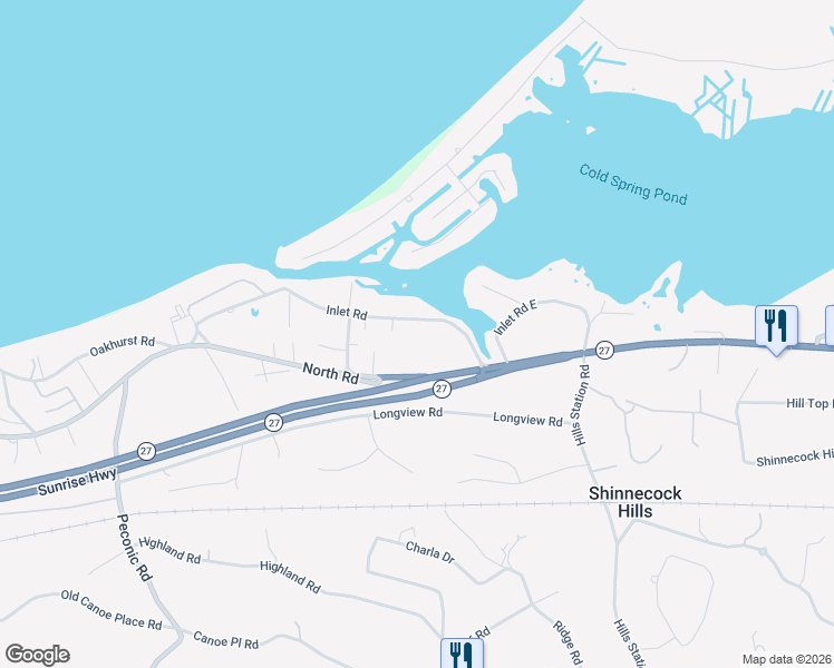 map of restaurants, bars, coffee shops, grocery stores, and more near 42 Inlet Road in Hampton Bays