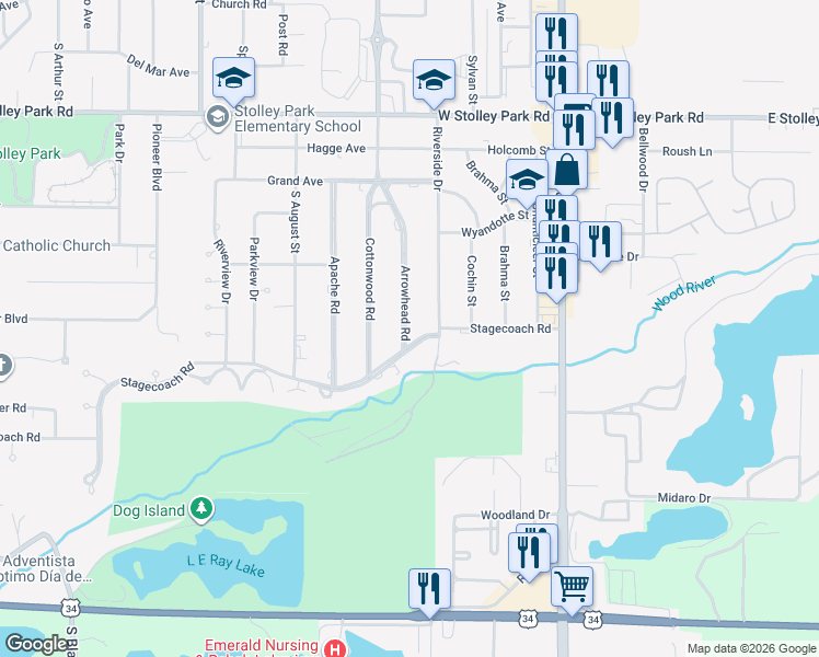 map of restaurants, bars, coffee shops, grocery stores, and more near 2320-2798 Arrowhead Road in Grand Island