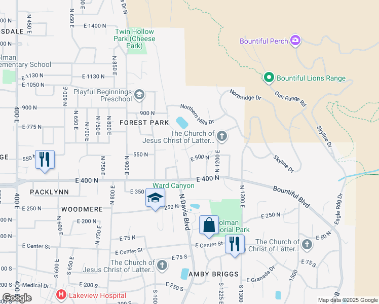 map of restaurants, bars, coffee shops, grocery stores, and more near 570 North 1100 East in Bountiful