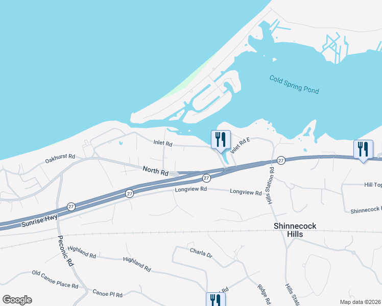 map of restaurants, bars, coffee shops, grocery stores, and more near 42 Inlet Road in Hampton Bays