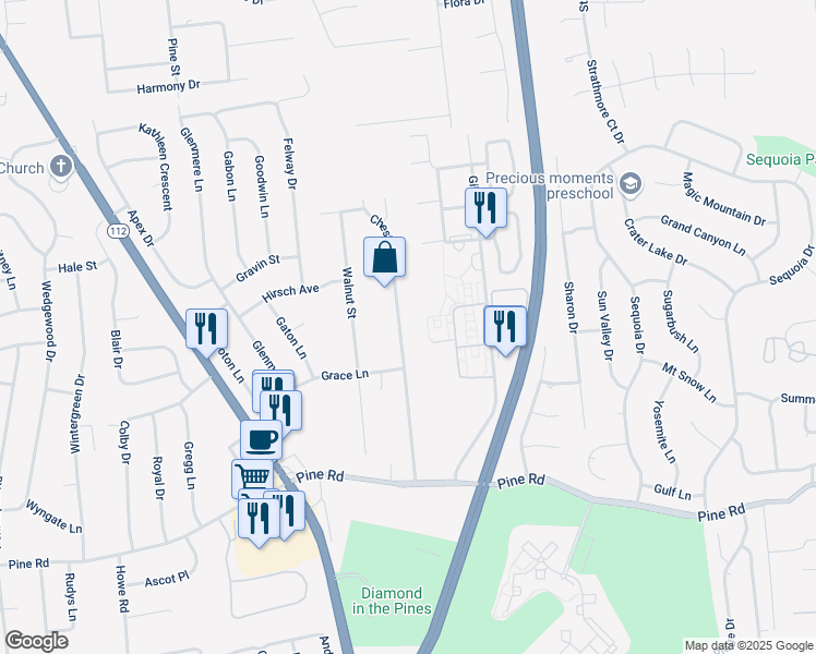 map of restaurants, bars, coffee shops, grocery stores, and more near 35 Chestnut Street in Coram