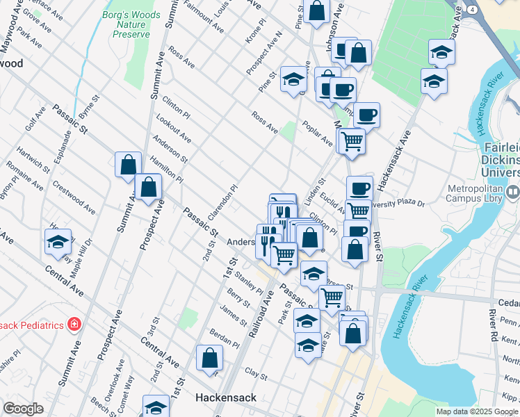 map of restaurants, bars, coffee shops, grocery stores, and more near 220 Anderson Street in Hackensack