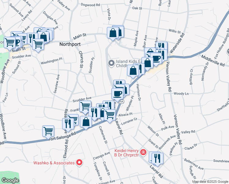 map of restaurants, bars, coffee shops, grocery stores, and more near 162 Laurel Ave in Northport