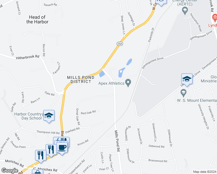 map of restaurants, bars, coffee shops, grocery stores, and more near 174 Mills Pond Road in St. James