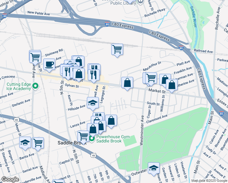 map of restaurants, bars, coffee shops, grocery stores, and more near 300 Market Street in Saddle Brook