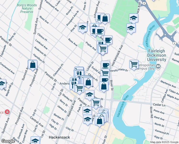 map of restaurants, bars, coffee shops, grocery stores, and more near 88 Clinton Place in Hackensack