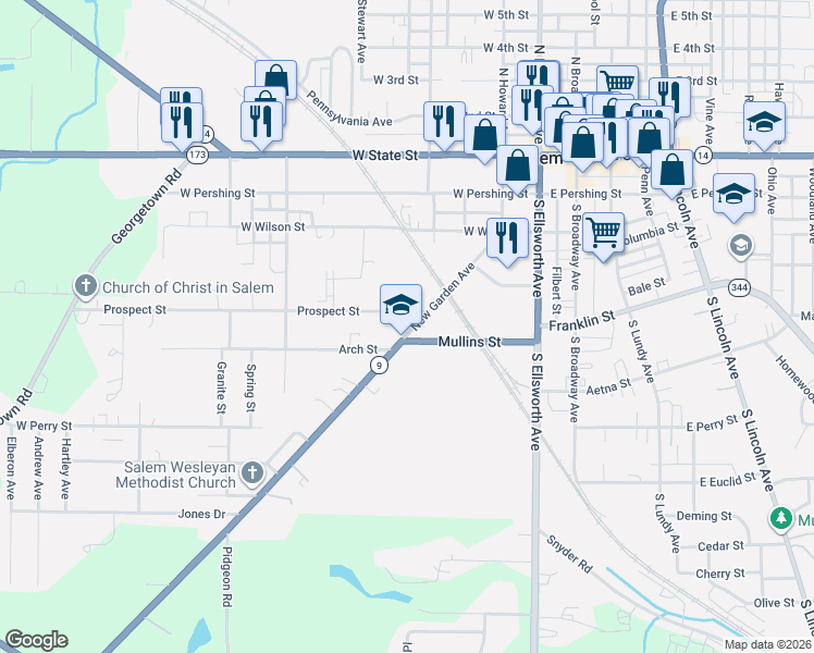 map of restaurants, bars, coffee shops, grocery stores, and more near 517 New Garden Avenue in Salem