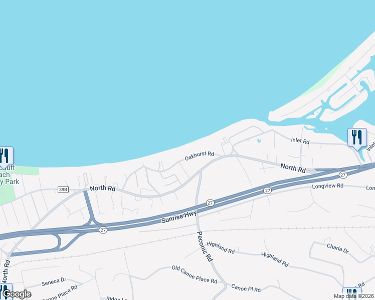 map of restaurants, bars, coffee shops, grocery stores, and more near 37 Oakhurst Road in Hampton Bays
