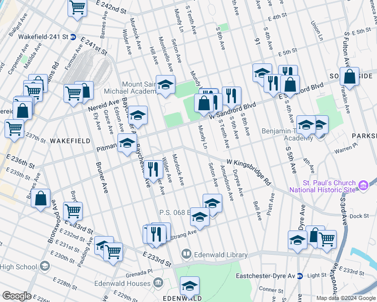 map of restaurants, bars, coffee shops, grocery stores, and more near 2106 Bussing Avenue in Bronx