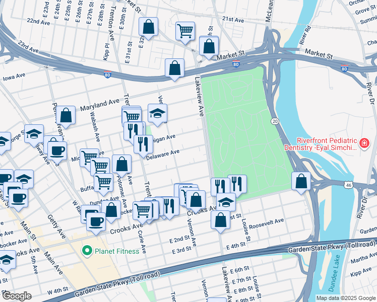 map of restaurants, bars, coffee shops, grocery stores, and more near 366 Delaware Avenue in Paterson