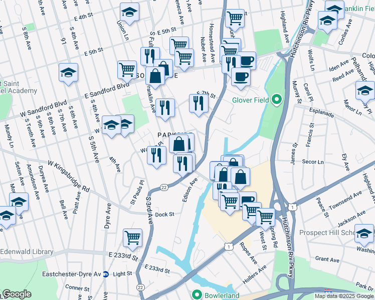 map of restaurants, bars, coffee shops, grocery stores, and more near 130 Miller Place in Mount Vernon