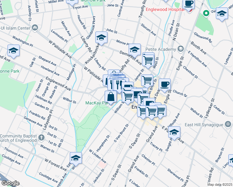 map of restaurants, bars, coffee shops, grocery stores, and more near 90 West Palisade Avenue in Englewood