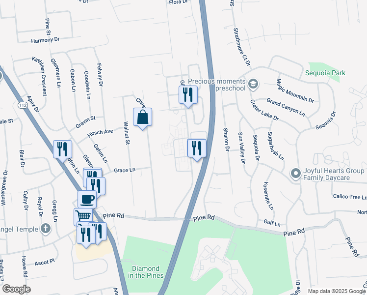 map of restaurants, bars, coffee shops, grocery stores, and more near Cheyenne Court in Coram