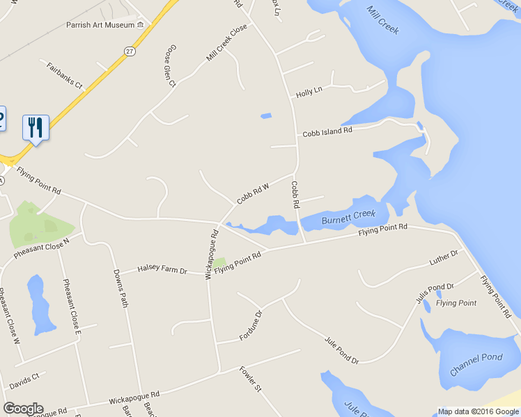 map of restaurants, bars, coffee shops, grocery stores, and more near 904 Cobb Road West in Water Mill