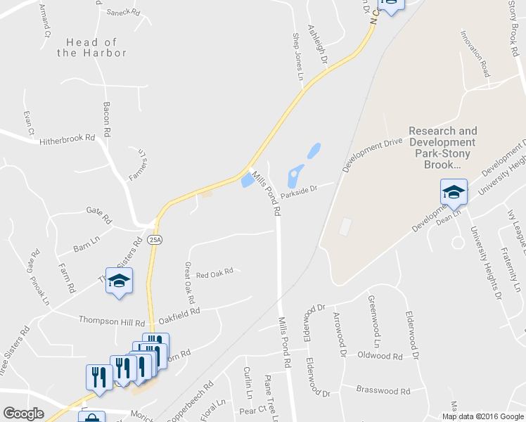 map of restaurants, bars, coffee shops, grocery stores, and more near 174 Mills Pond Road in Saint James