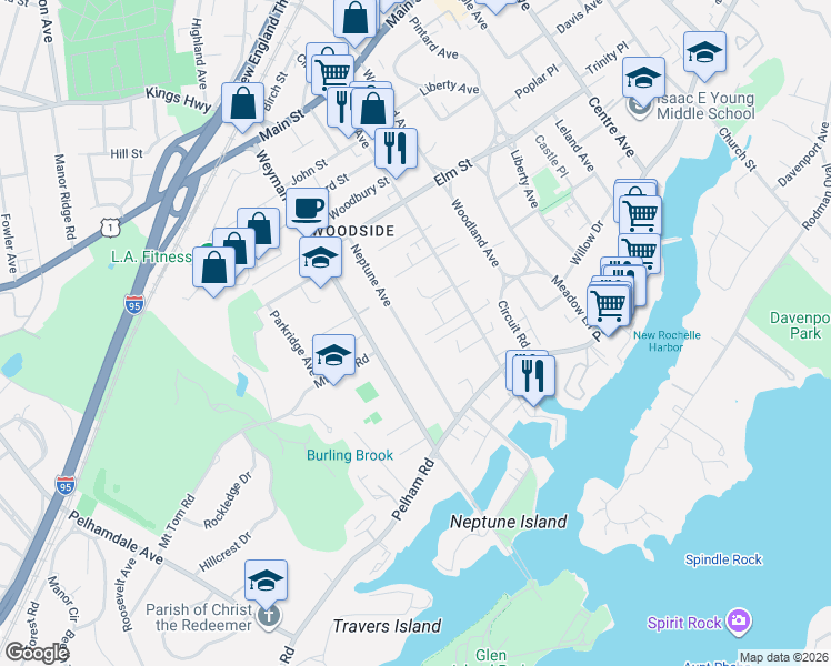 map of restaurants, bars, coffee shops, grocery stores, and more near 100 Neptune Avenue in New Rochelle