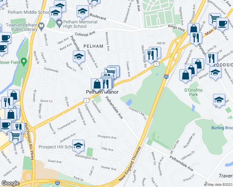 map of restaurants, bars, coffee shops, grocery stores, and more near 4760 Boston Post Road in Pelham Manor