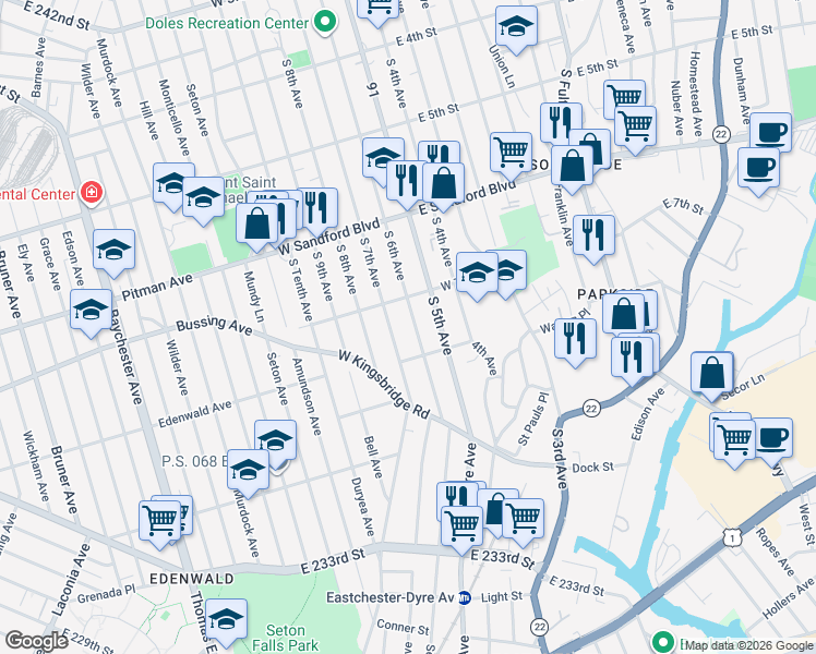 map of restaurants, bars, coffee shops, grocery stores, and more near 625 South 6th Avenue in Mount Vernon
