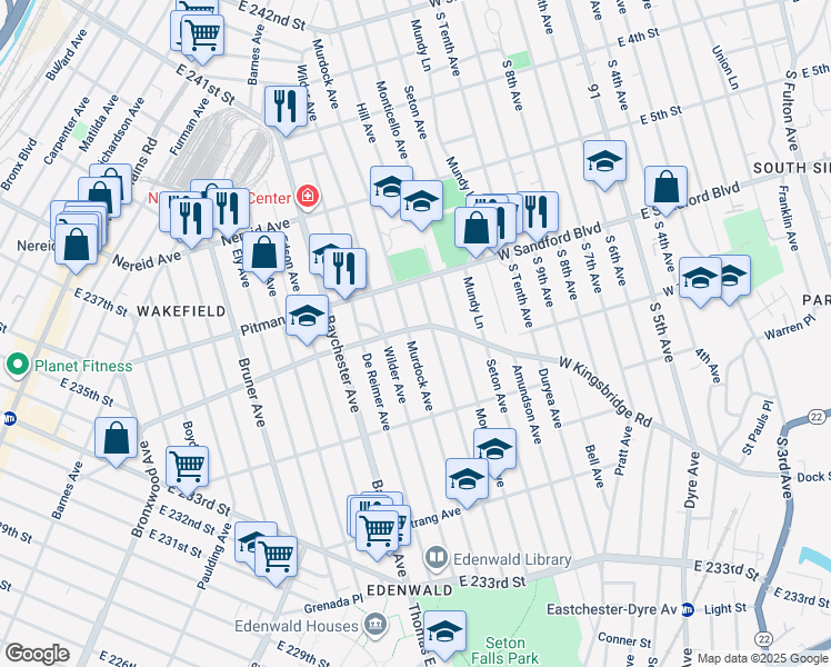 map of restaurants, bars, coffee shops, grocery stores, and more near 4201 Murdock Avenue in Bronx