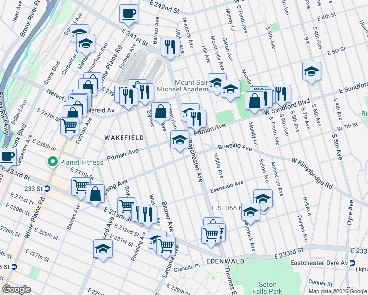map of restaurants, bars, coffee shops, grocery stores, and more near 4221 Baychester Avenue in Bronx