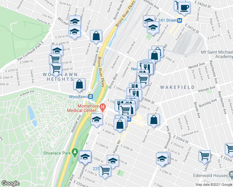 map of restaurants, bars, coffee shops, grocery stores, and more near 632 East 236th Street in The Bronx