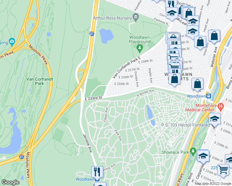 map of restaurants, bars, coffee shops, grocery stores, and more near 4203 Napier Avenue in Bronx