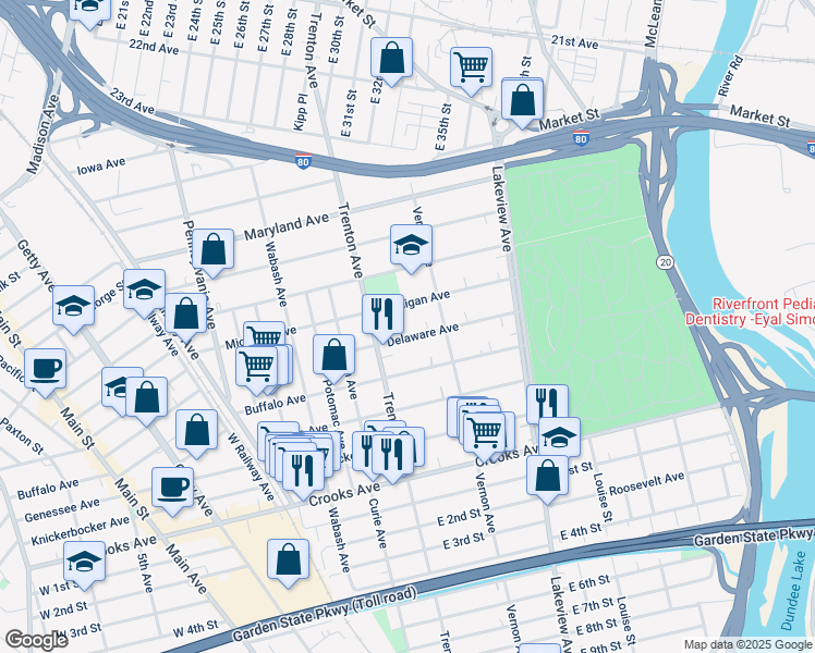 map of restaurants, bars, coffee shops, grocery stores, and more near 291 Delaware Avenue in Paterson