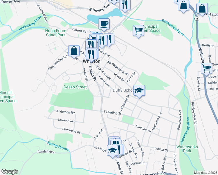 map of restaurants, bars, coffee shops, grocery stores, and more near 57 Baker Avenue in Wharton