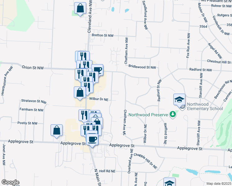 map of restaurants, bars, coffee shops, grocery stores, and more near 1740 Beechwood Avenue Northeast in North Canton