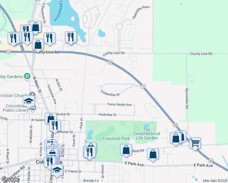 map of restaurants, bars, coffee shops, grocery stores, and more near 1303 Timberline Drive in Columbiana