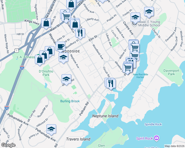 map of restaurants, bars, coffee shops, grocery stores, and more near 16 Lee Court in New Rochelle