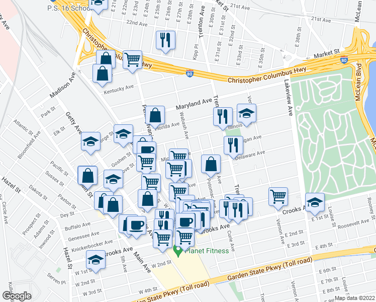map of restaurants, bars, coffee shops, grocery stores, and more near 209 Michigan Avenue in Paterson