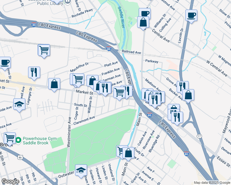 map of restaurants, bars, coffee shops, grocery stores, and more near 26 Harrison Avenue in Saddle Brook