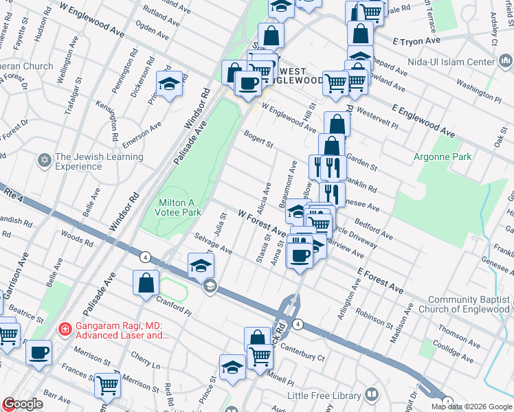map of restaurants, bars, coffee shops, grocery stores, and more near 116 Church Street in Teaneck