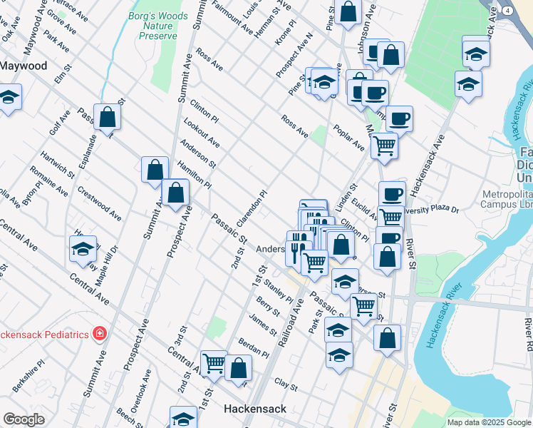 map of restaurants, bars, coffee shops, grocery stores, and more near 245 Anderson Street in Hackensack