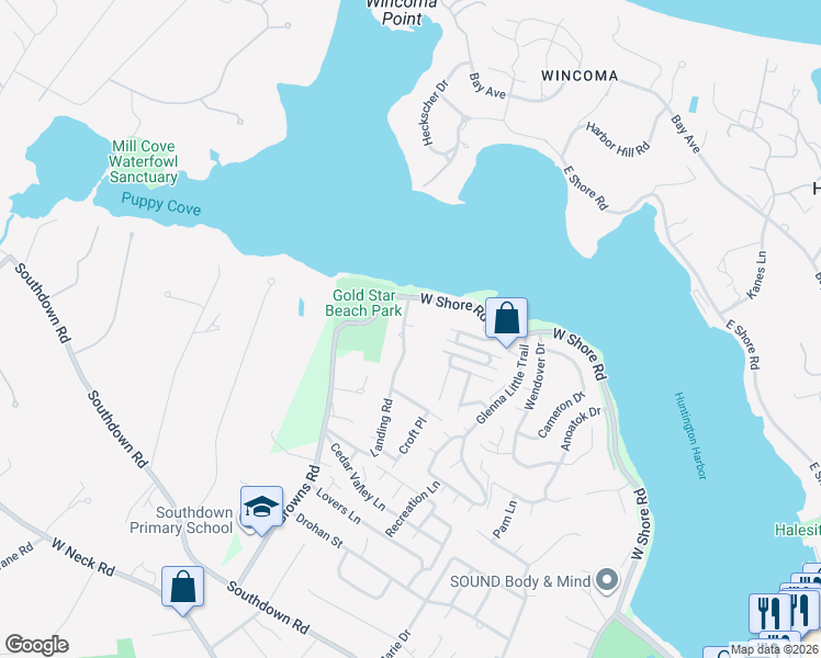 map of restaurants, bars, coffee shops, grocery stores, and more near 12 Landing Road in Huntington