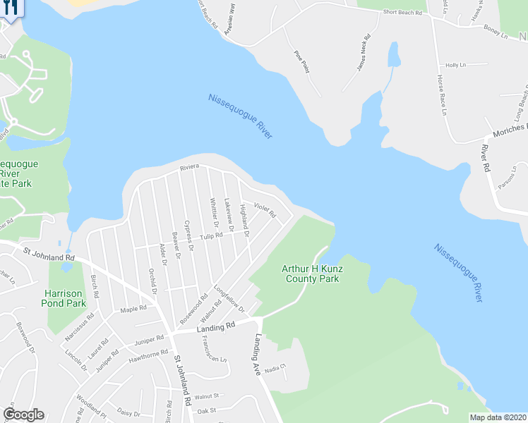 map of restaurants, bars, coffee shops, grocery stores, and more near 14 Violet Road in Kings Park