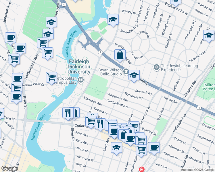 map of restaurants, bars, coffee shops, grocery stores, and more near 982 Wilson Avenue in Teaneck