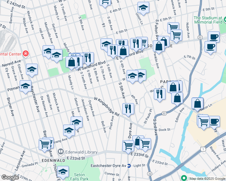 map of restaurants, bars, coffee shops, grocery stores, and more near 625 South 6th Avenue in Mount Vernon