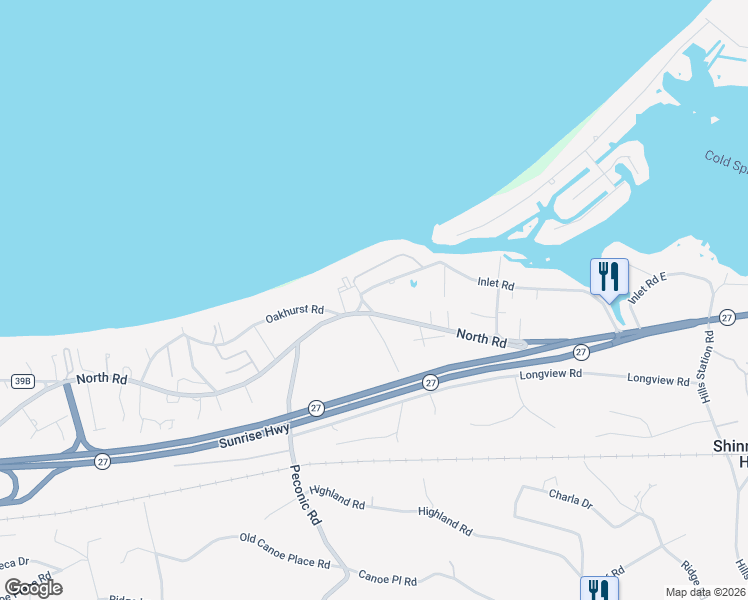 map of restaurants, bars, coffee shops, grocery stores, and more near 127 Inlet Road in Hampton Bays