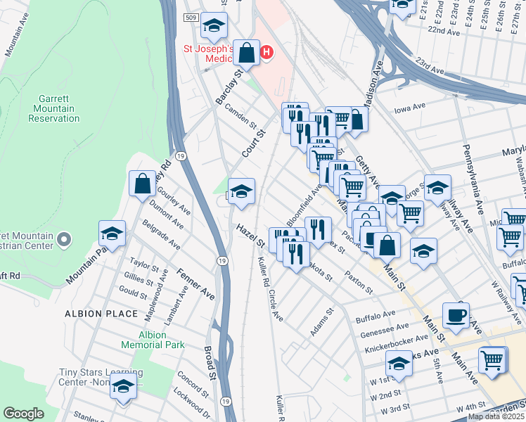 map of restaurants, bars, coffee shops, grocery stores, and more near 236 Paxton Street in Paterson