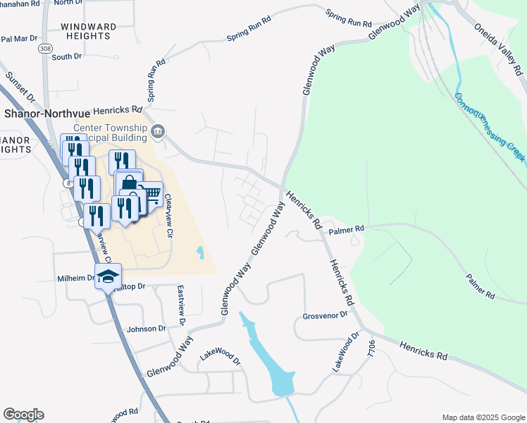 map of restaurants, bars, coffee shops, grocery stores, and more near Meadow Brook Lane in Butler