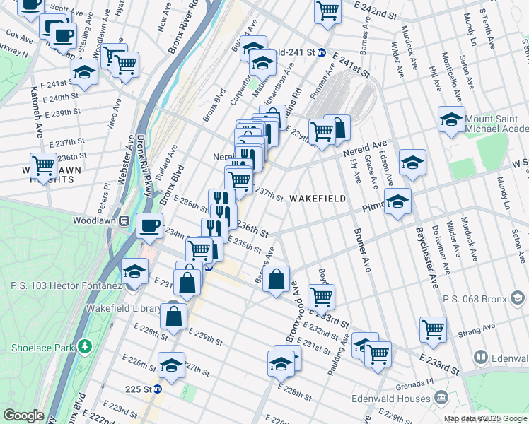 map of restaurants, bars, coffee shops, grocery stores, and more near Whitehall Place in Bronx