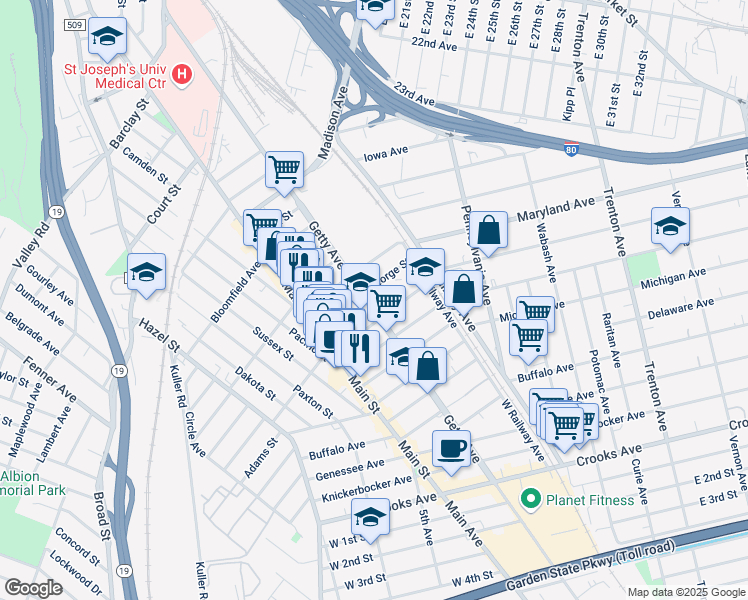 map of restaurants, bars, coffee shops, grocery stores, and more near 331 Getty Avenue in Paterson