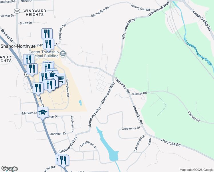 map of restaurants, bars, coffee shops, grocery stores, and more near 13 Meadow Brook Lane in Butler